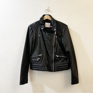 Mango Women's Genuine Leather Moto Biker Cropped Jacket Size Medium Black